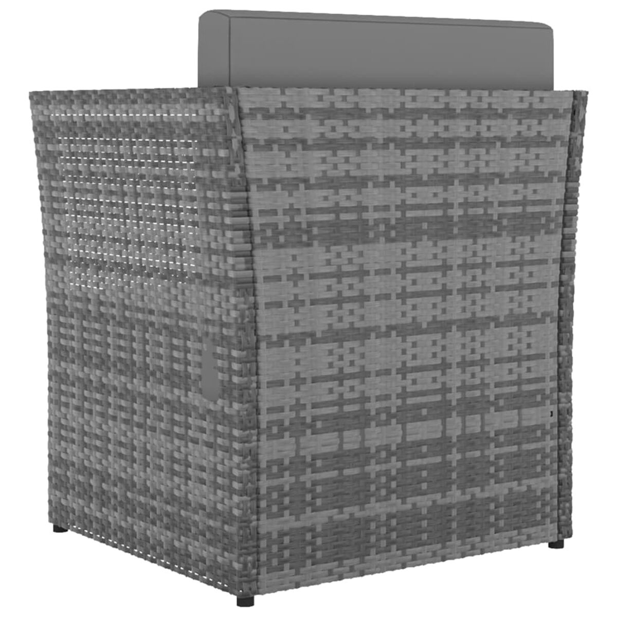 Grauer Rattan-Stuhl, Rückansicht, mit Kissen.