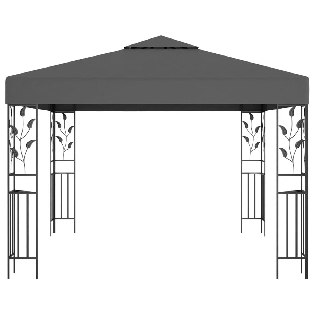 Ein grauer Pavillon mit dunklem Dach, verzierten Seitenteilen und einem Blattmuster.