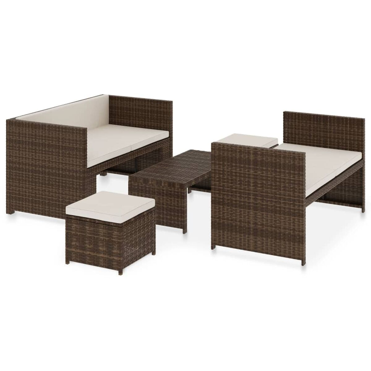 Braunes Outdoor-Möbelset aus Rattan. Enthält Sofa, Tisch und Ottomanen. Weißer Hintergrund.