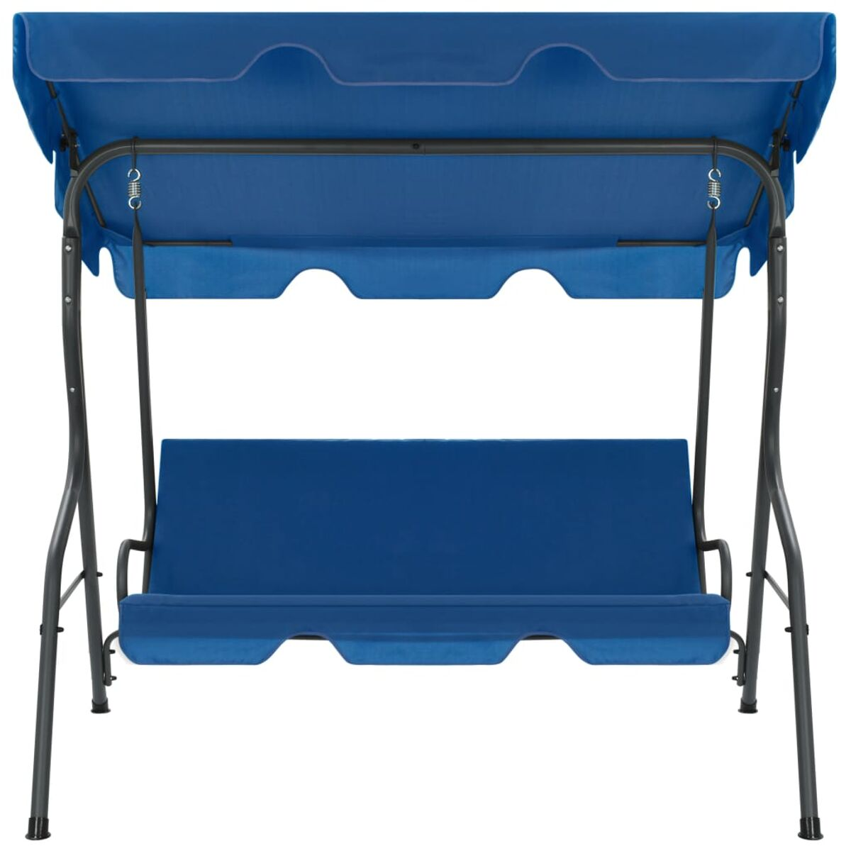 Blaue Schaukel mit blauem Baldachin und Sitz. Der Hintergrund ist weiß.