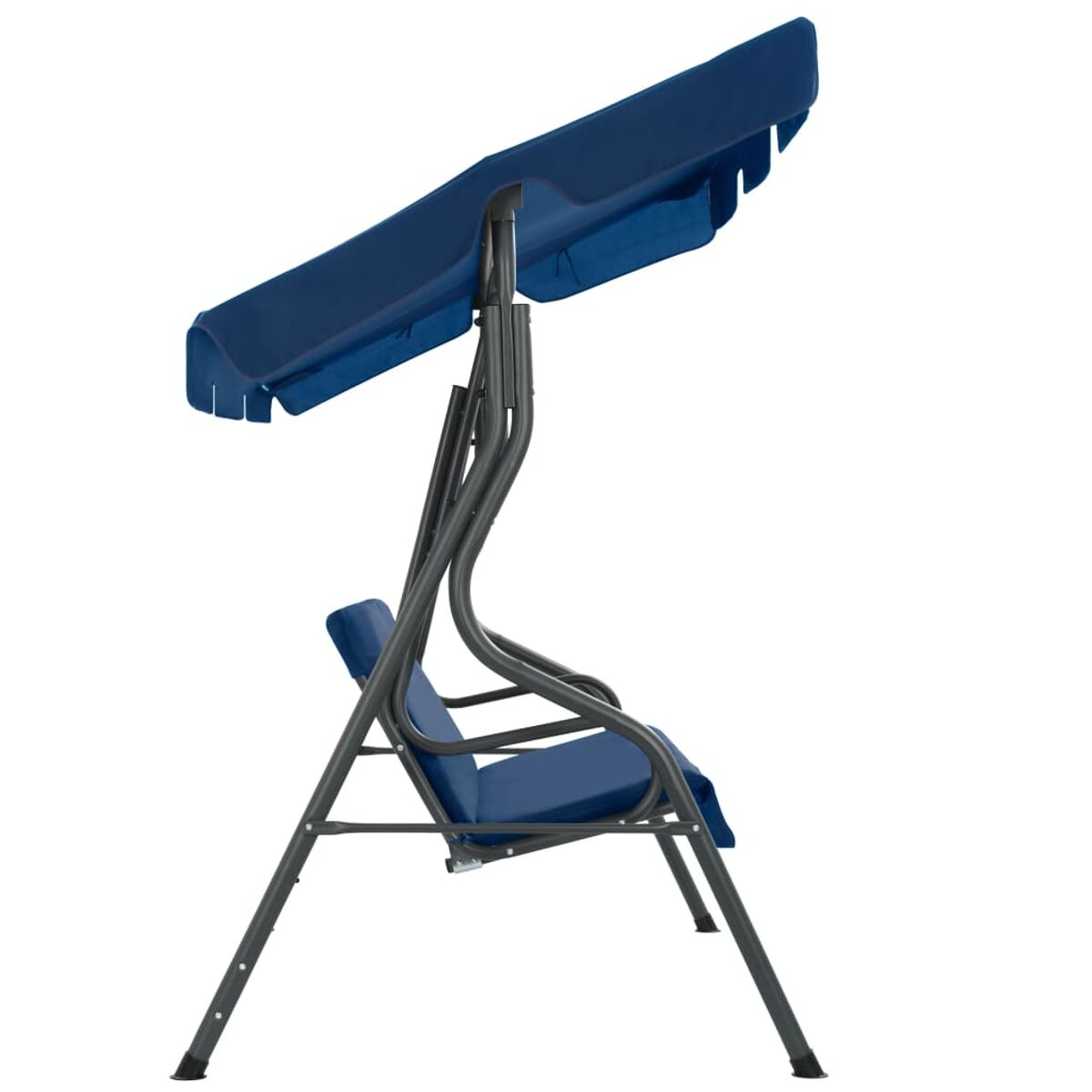 Blaue Außenschaukel mit Vordach, Metallrahmen und blauem Sitz auf weißem Grund.