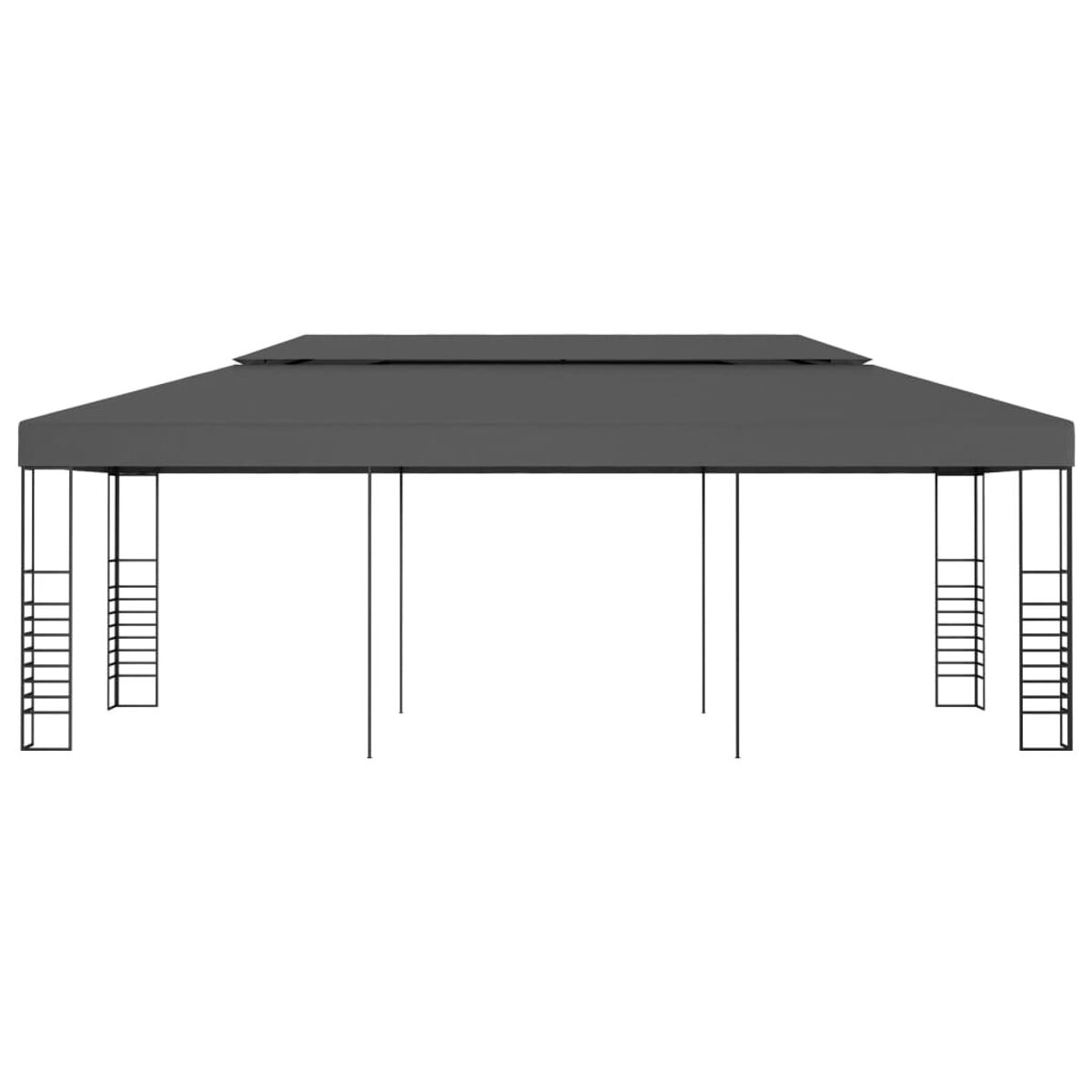 Grauer Pavillon mit mehrstufigem Dach, gestützt von schwarzen Pfosten auf weißem Hintergrund.
