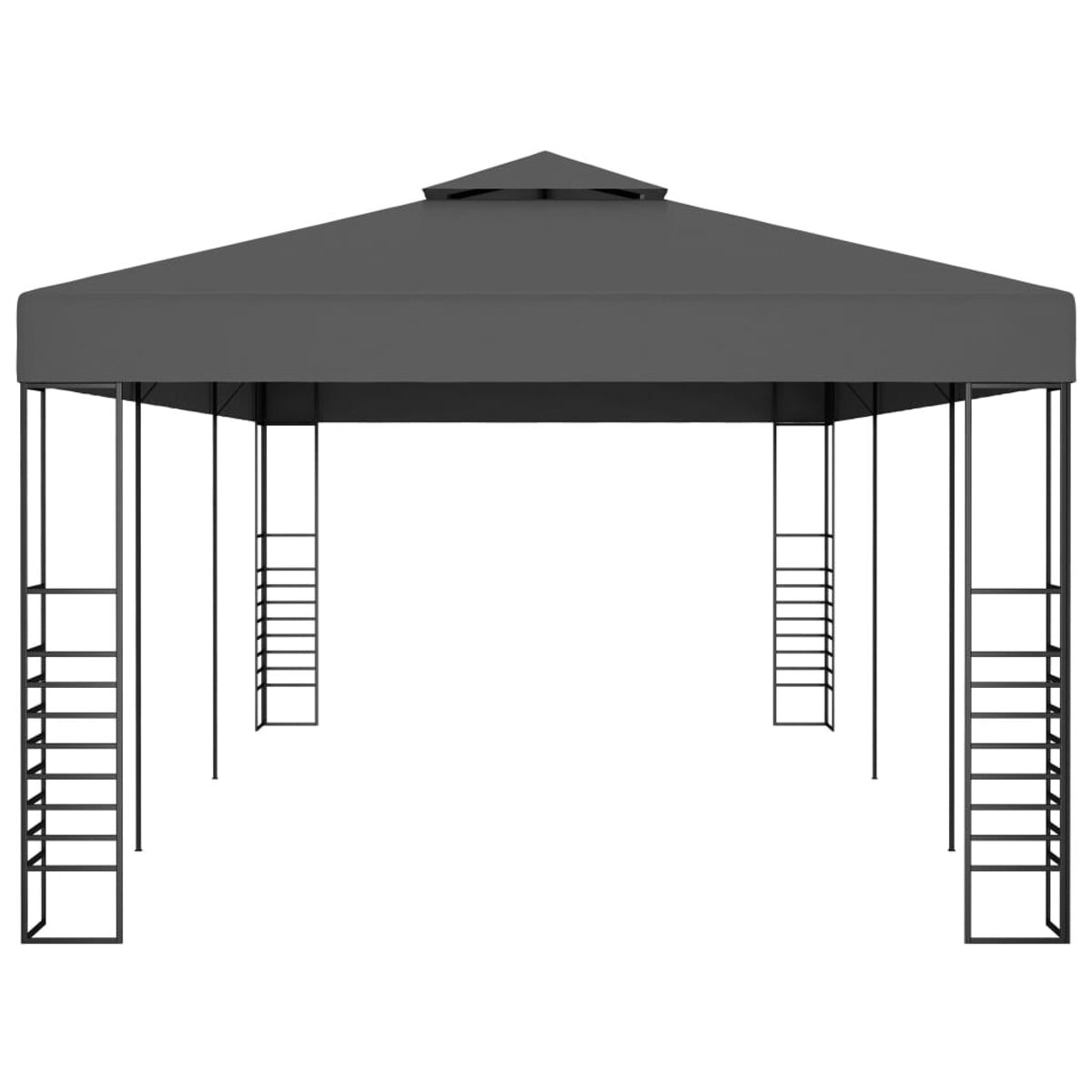 Ein grauer Pavillon mit dunklem Dach und schwarzem Metallrahmen, mit leiterartigen Stützen an den Seiten.