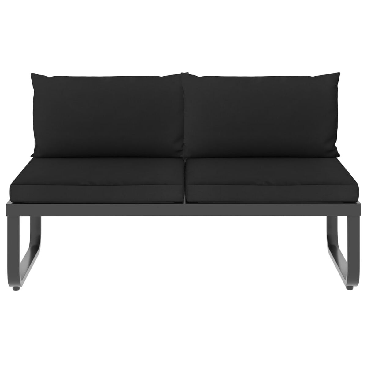 Ein schwarzes Sofa für den Außenbereich mit zwei Kissen. Die Beine sind gebogen.