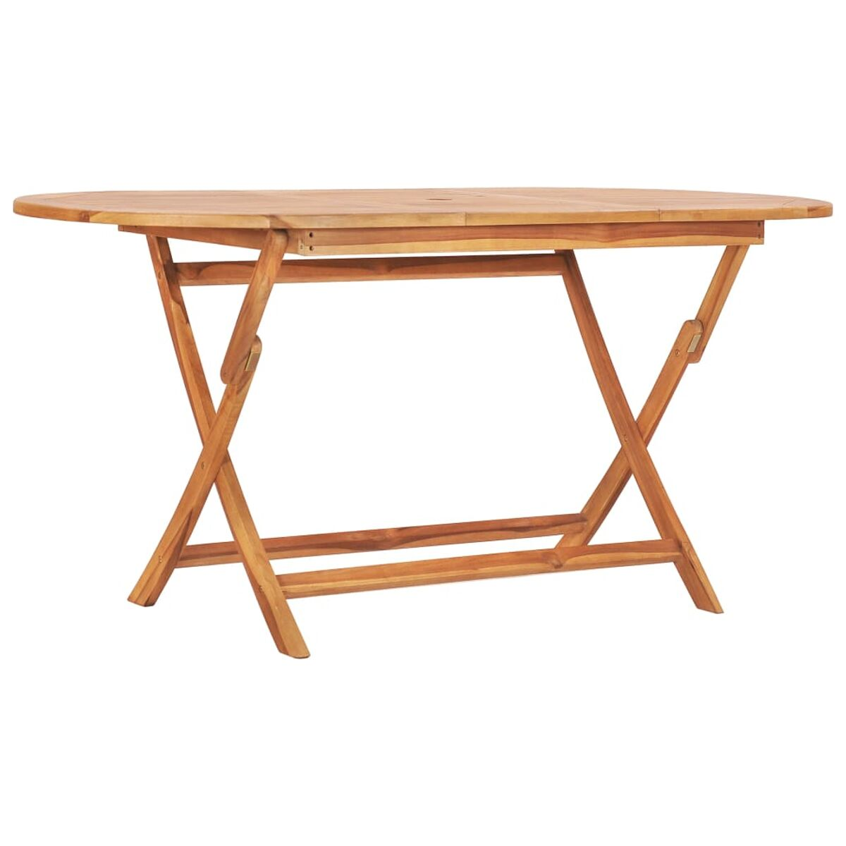 Klapptisch aus Holz. Braune Farbe. Hat eine achteckige Form. Zwei Kreuzbeine.