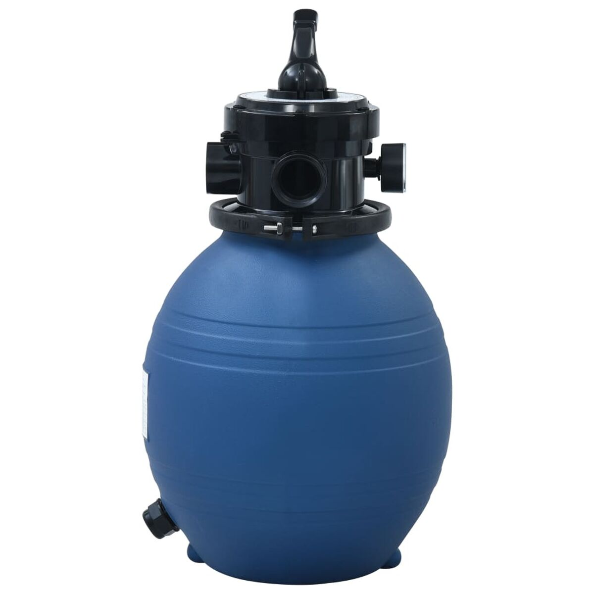 Blauer Poolfilter mit schwarzem Deckel. Es hat mehrere schwarze Aufsätze.