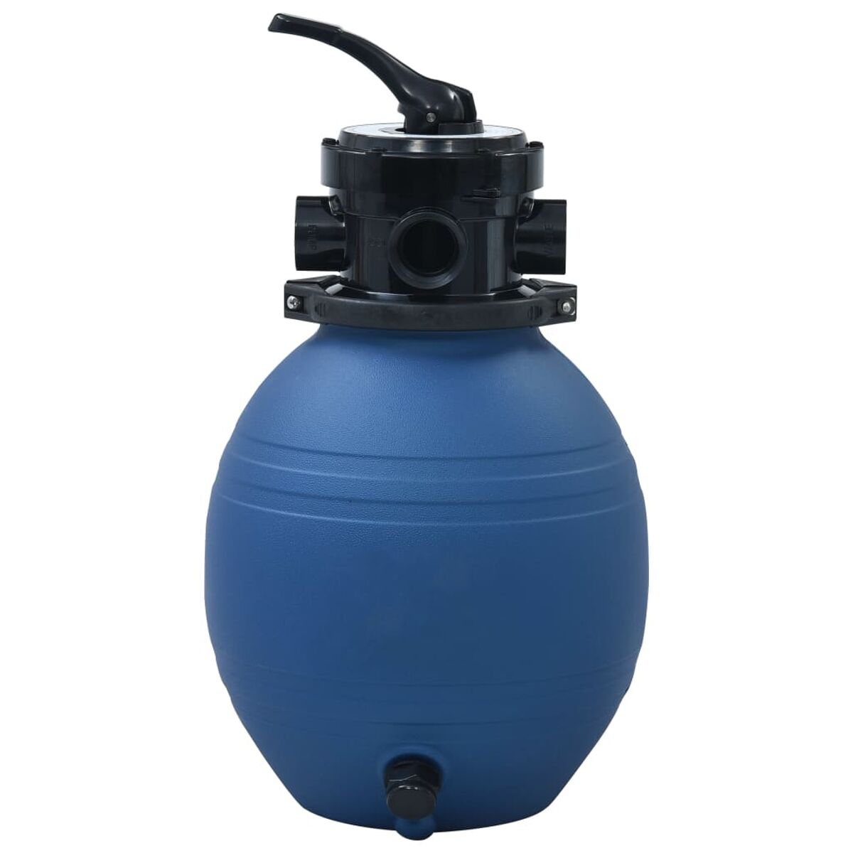 Blauer Poolfilter mit schwarzem Oberteil, drei Einlässen und einem Griff.