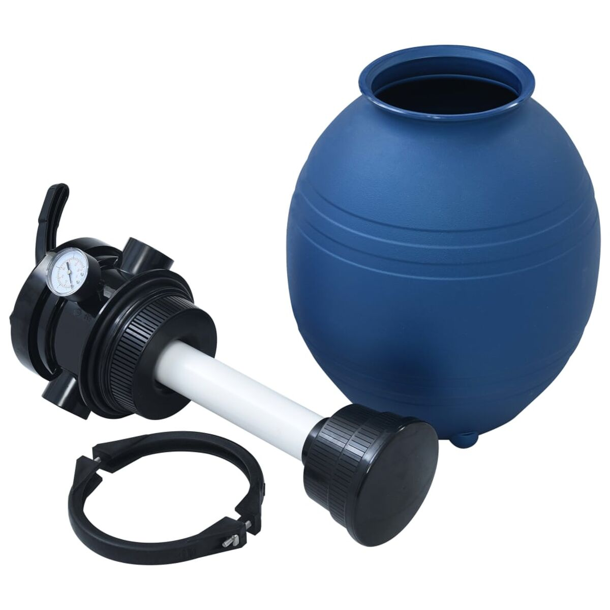 Blauer Wasserfilter mit schwarzen Komponenten und einem weißen Rohr. Inklusive schwarzem Ring.