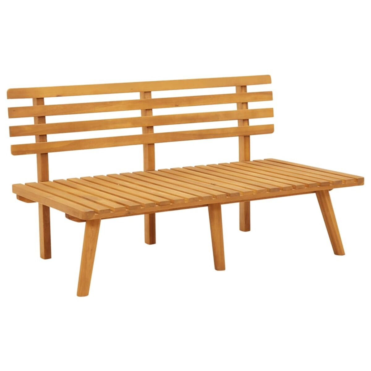 Holzbank im Freien mit horizontalen Lamellen für Rücken und Sitz. Vier Beine.