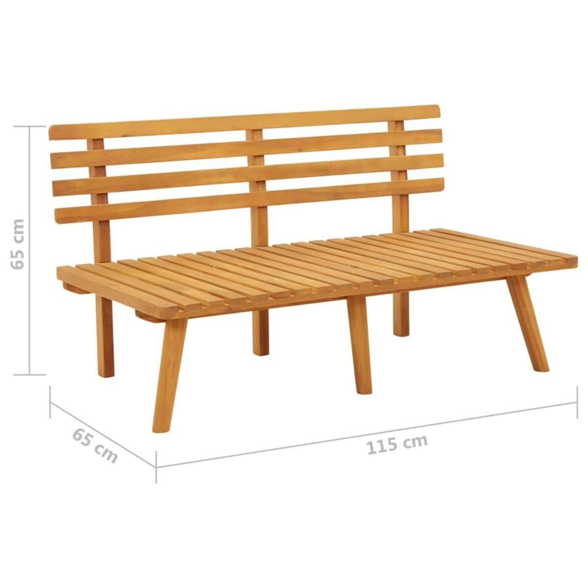 Eine Holzbank mit Lattenrost und Rückenlehne. Sie ist braun mit den Maßen 65 cm x 65 cm x 115 cm.