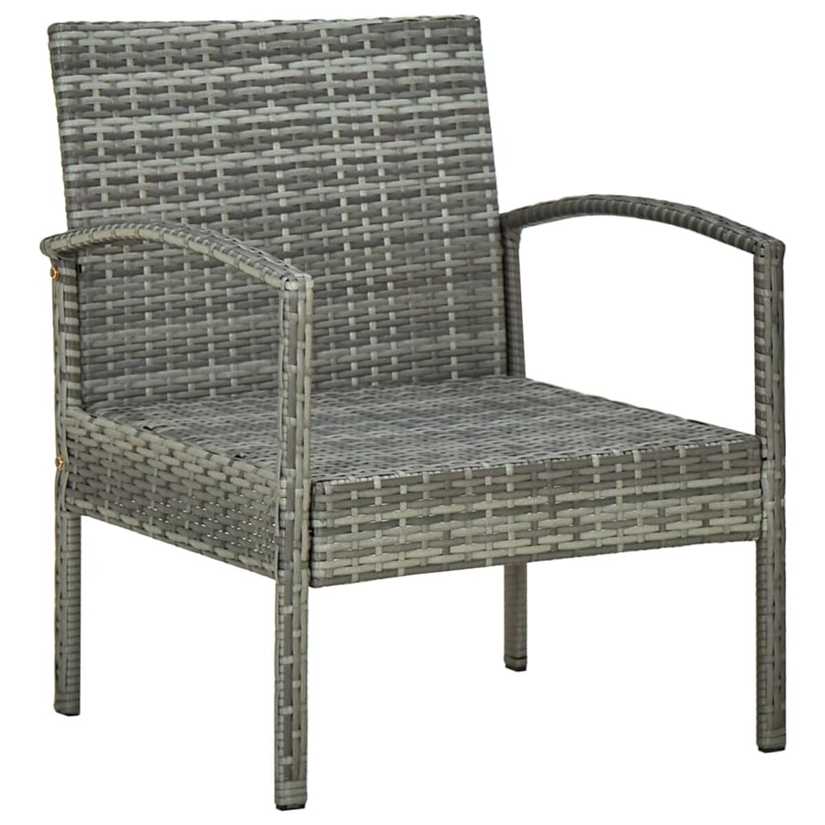Grauer Stuhl im Rattan-Stil mit Armlehnen auf weißem Hintergrund.