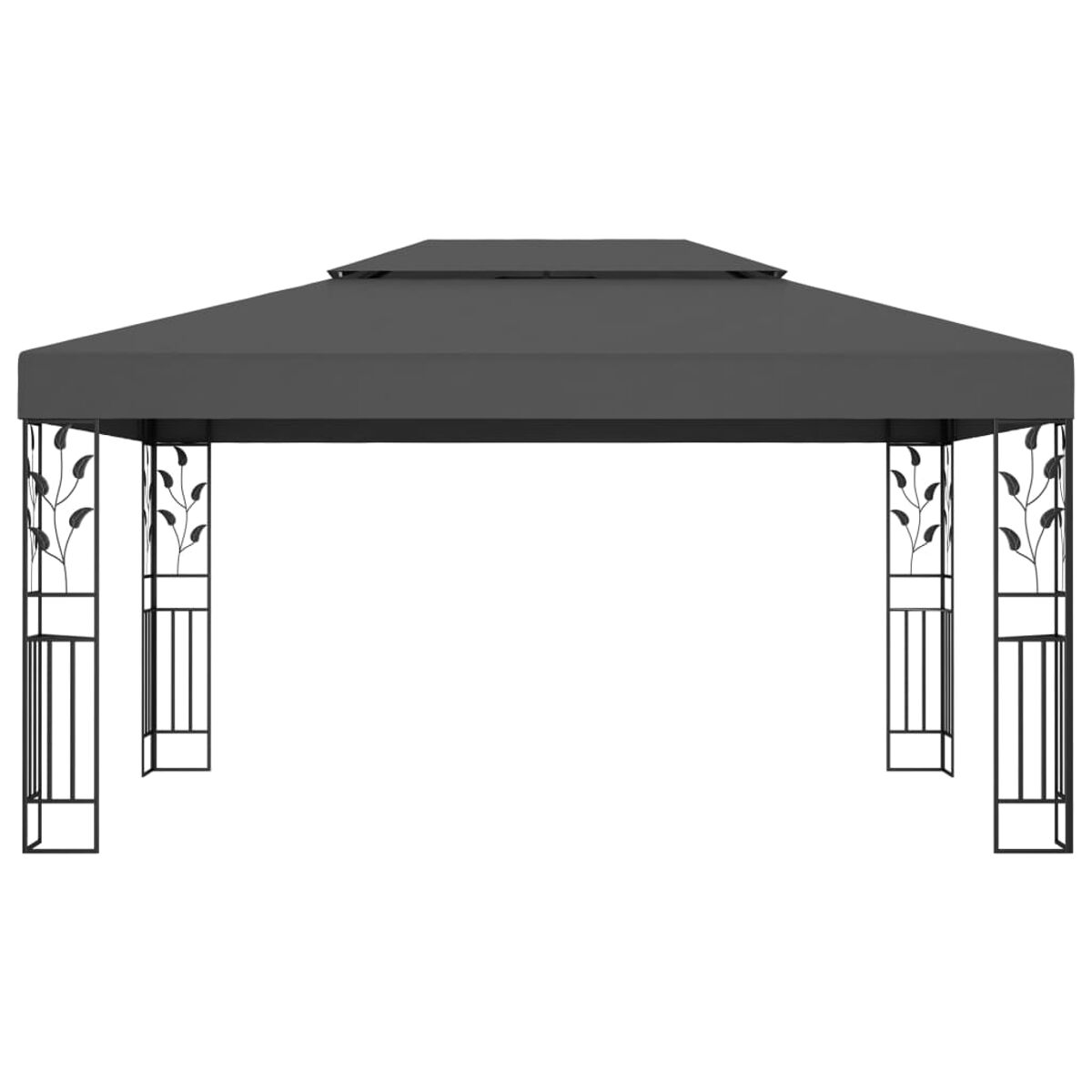 Grauer Pavillon mit quadratischem Dach, getragen von vier schwarzen Säulen mit blattförmigen Verzierungen.