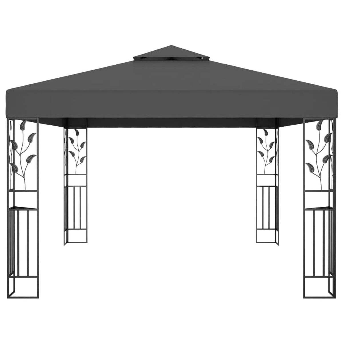Dunkelgrauer Pavillon mit quadratischem Dach. Schwarze Säulen mit Blattdekorationen. Weißer Hintergrund.