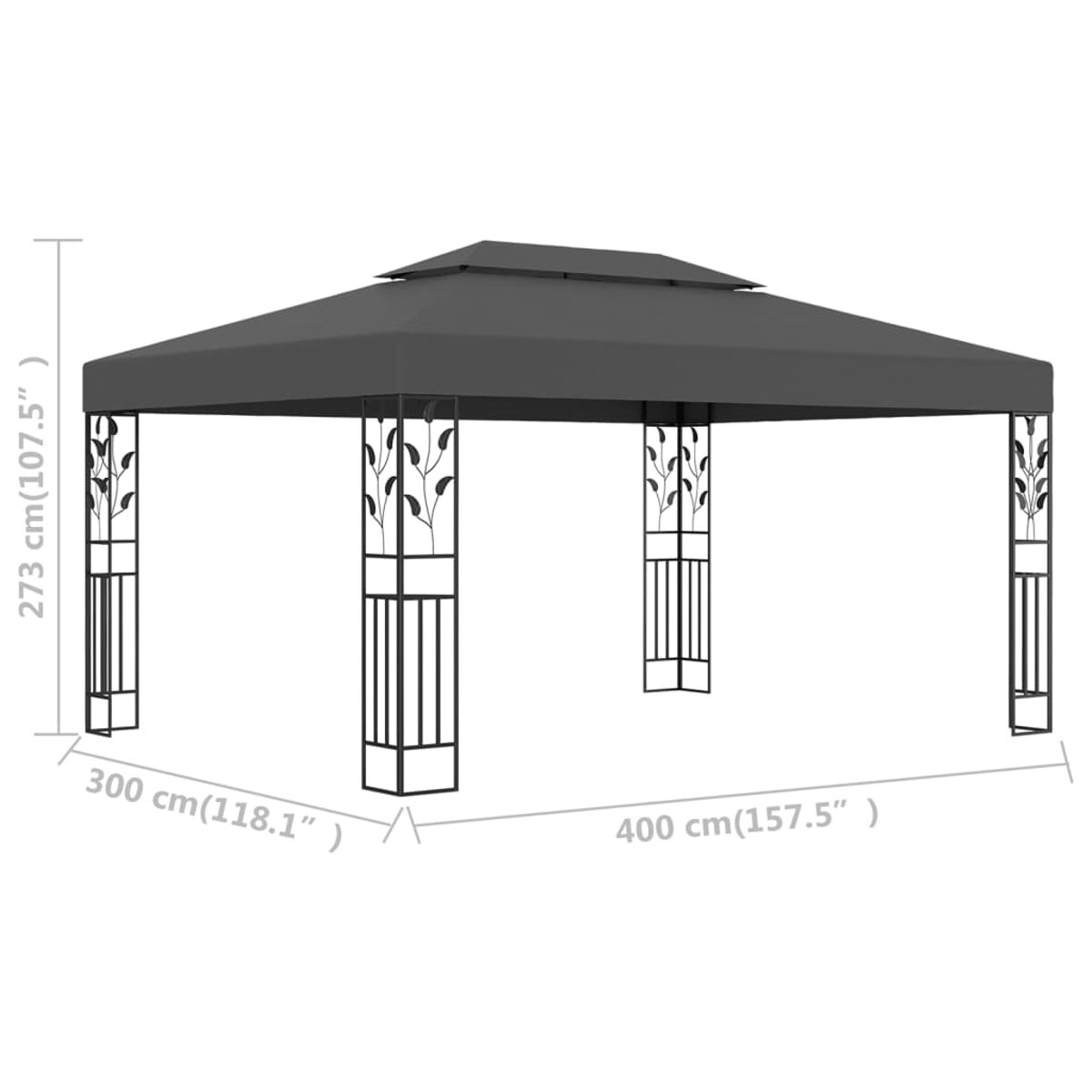 Ein großer grauer Pavillon mit zweistufigem Dach, schwarzem Rahmen und in cm beschrifteten Abmessungen.