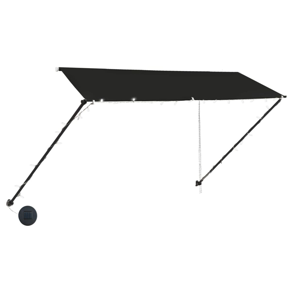 Schwarze Markise mit weißen Lichtern, einem Solarpanel und einer Kette.