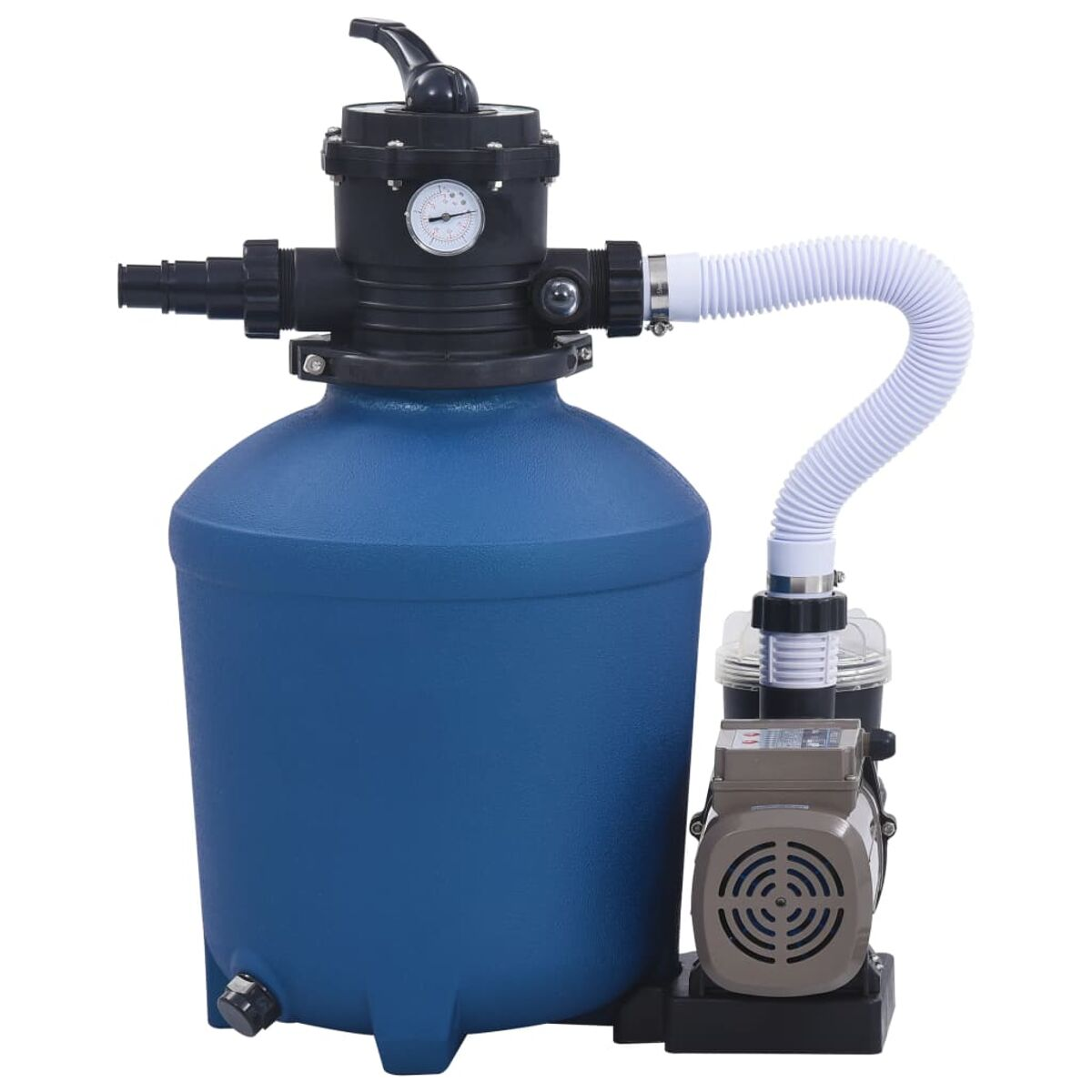 Ein blauer Poolfilter mit Pumpe und Schläuchen. Er steht vor weißem Hintergrund und hat verschiedene Anschlüsse.