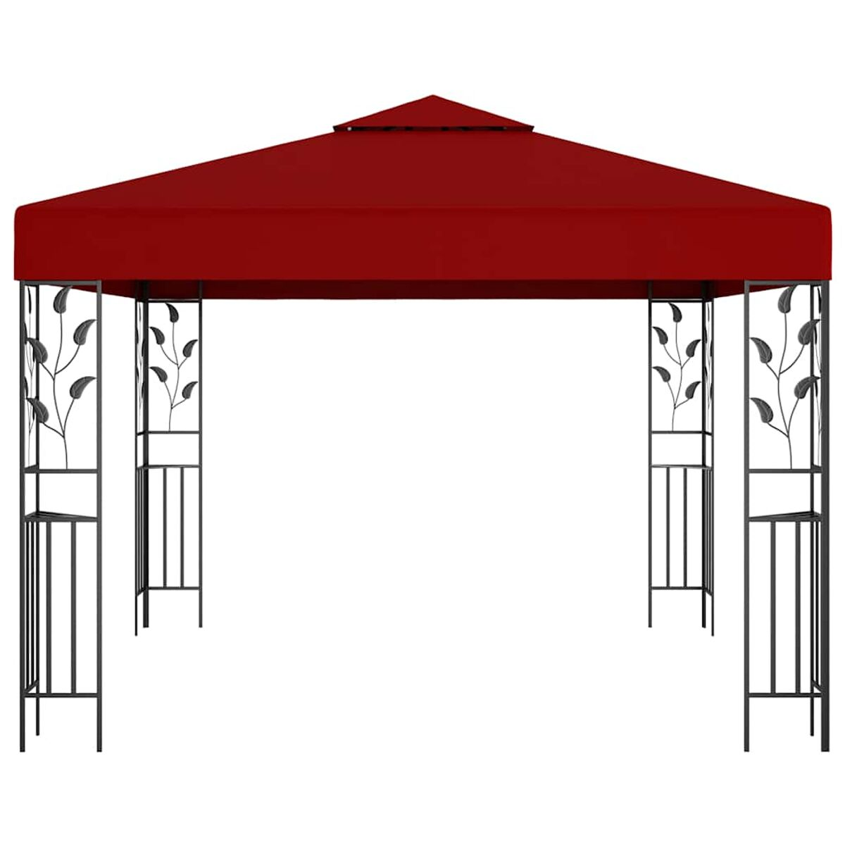 Roter Pavillon mit schwarzem Metallrahmen. Die Struktur hat dekorative Blättermuster und ein Spitzdach.