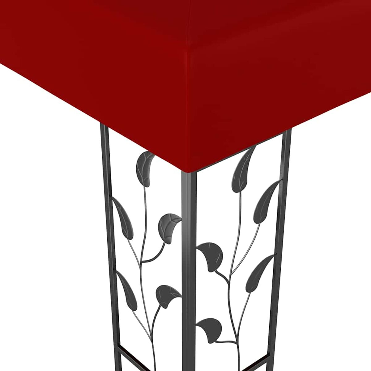 Rote Tischkante mit Blättermotiv am Metallbein. Weißer Hintergrund.