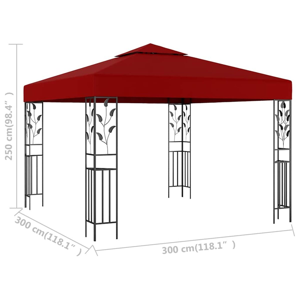 Roter Pavillon mit schwarzem Rahmen und dekorativem Blattdesign. Abmessungen sind angegeben, für den Außenbereich.