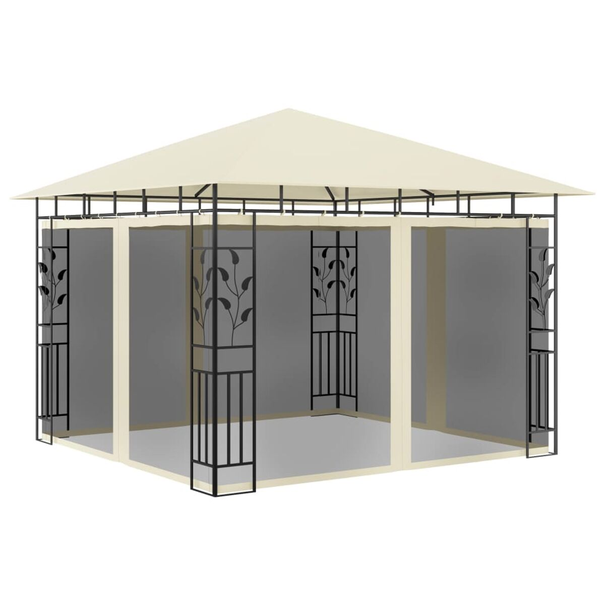 Beiger Pavillon mit schwarzem Rahmen, Blattdesign und Netzseiten. Weißer Hintergrund.