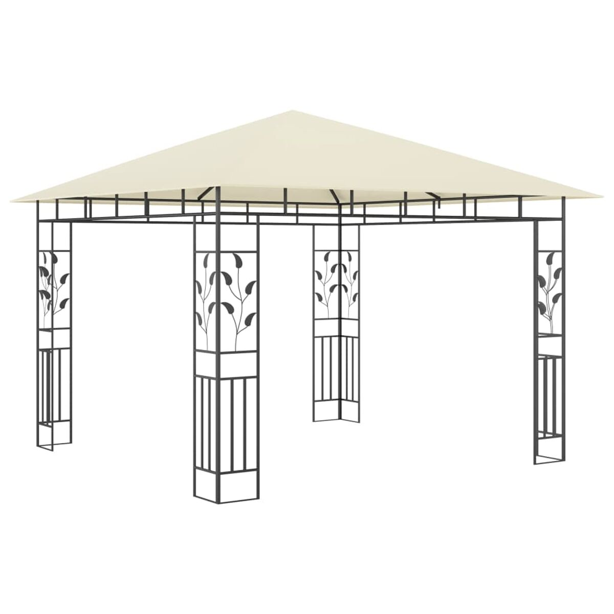 Schwarzer Metallpavillon mit beigem Dach und dekorativen Seitenteilen.