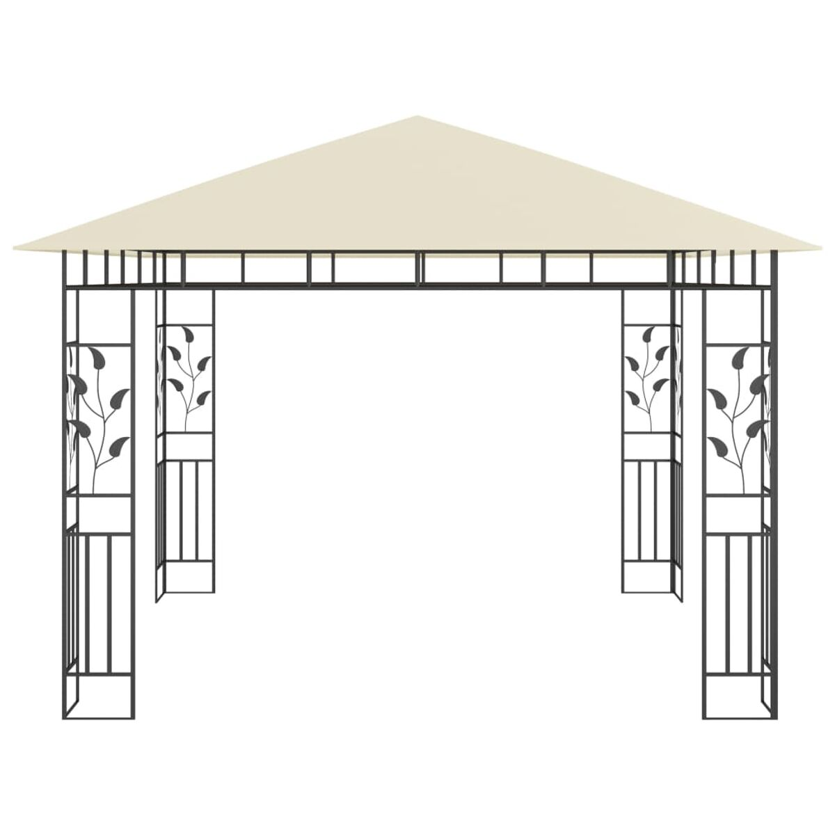 Beiger Pavillon mit schwarzem Metallrahmen mit Blättermotiv. Weißer Hintergrund.