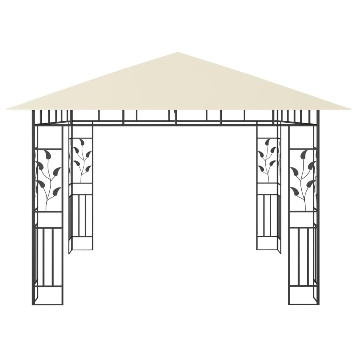 Weißer Pavillon mit schwarzem Rahmen, Blattdesign und cremefarbenem Dach.