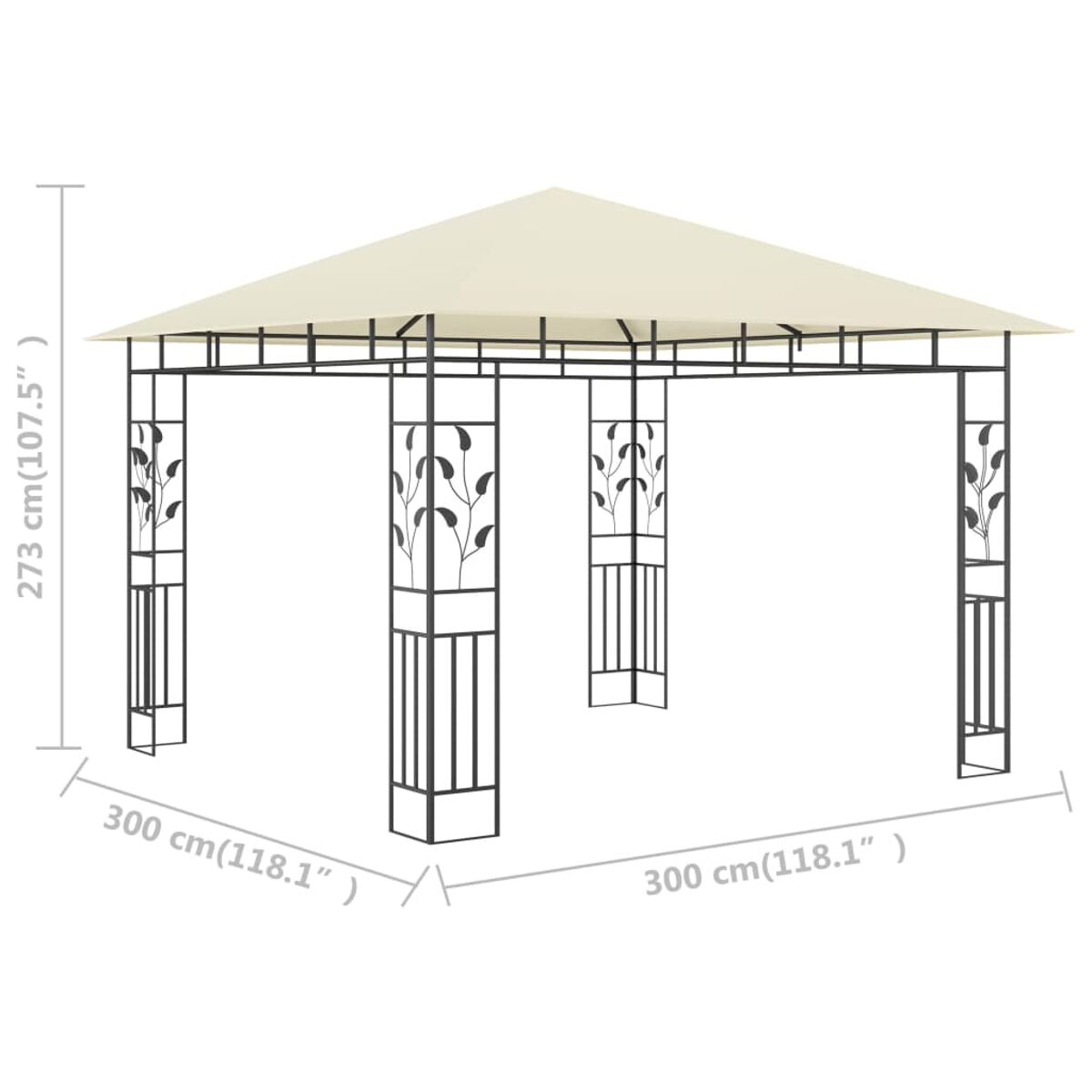 Ein beigefarbener Pavillon mit im Bild angegebenen Abmessungen.