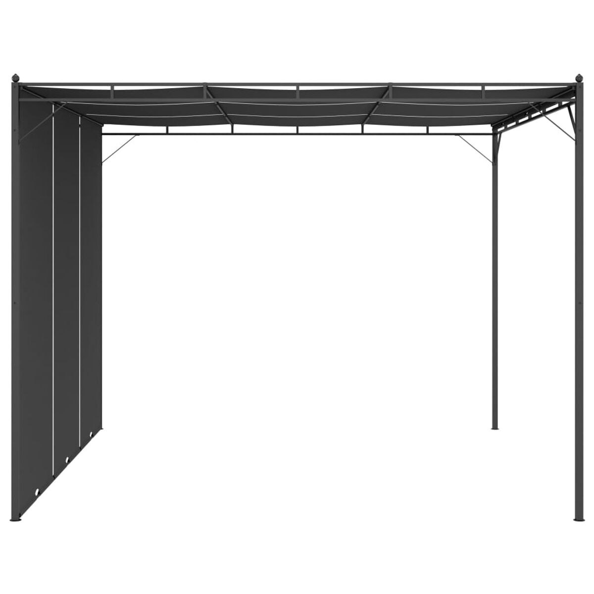 Dunkelgraue Pergola mit Stoffdach, hohen Pfosten und weißem Hintergrund.