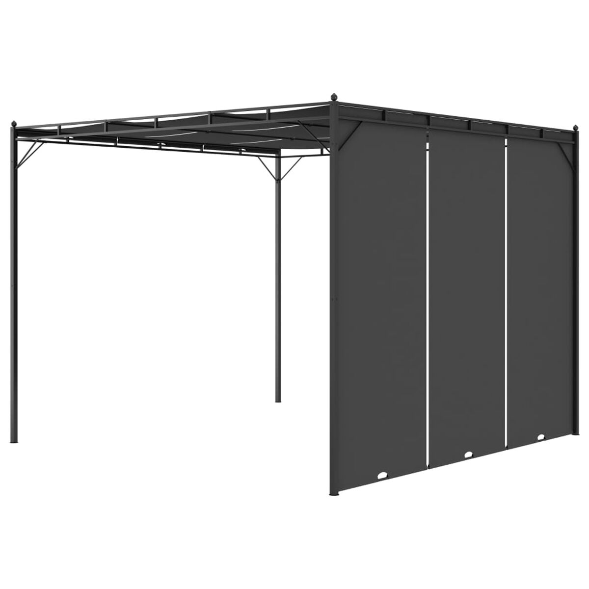 Ein schwarzer Metallpavillon mit dunkelgrauen Vorhängen.