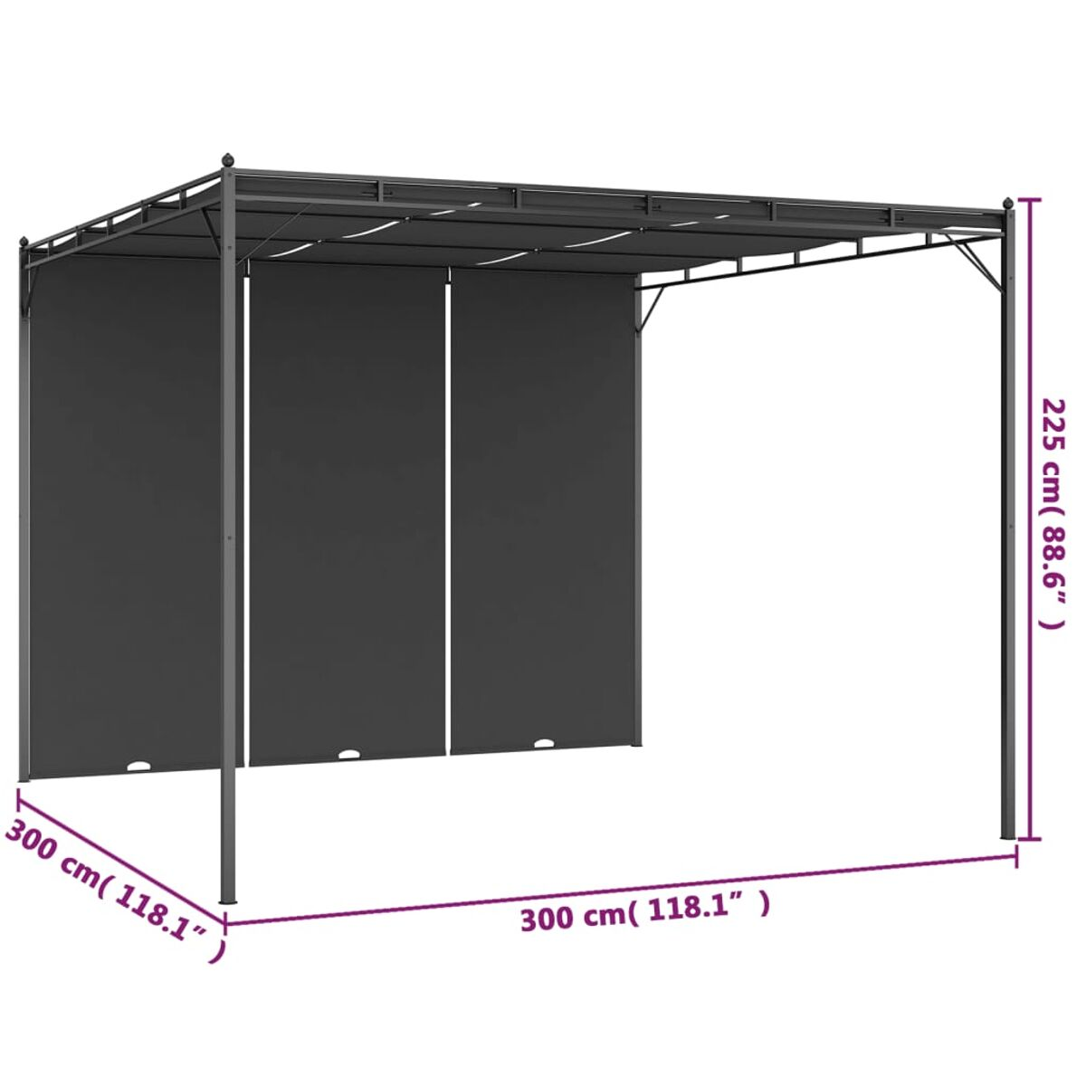 Dunkelgraue Metallpergola mit Vorhängen und Abmessungen. Es hat eine quadratische Form.