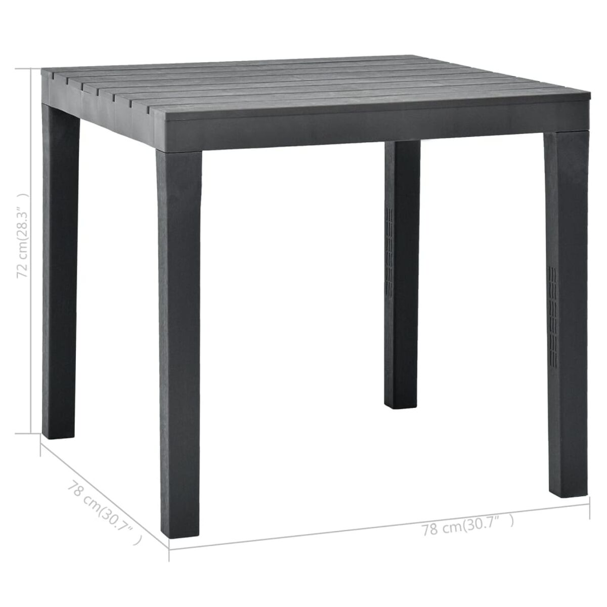 Dunkelgrauer quadratischer Tisch mit Maßangaben auf Weiß.