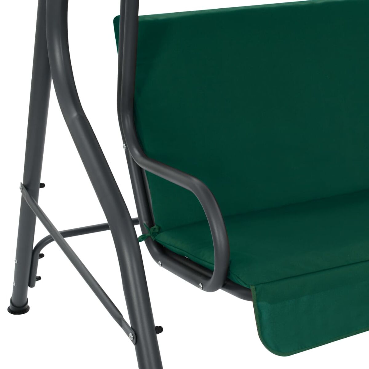 Eine grüne, gepolsterte Schaukelbank mit grauem Metallrahmen.