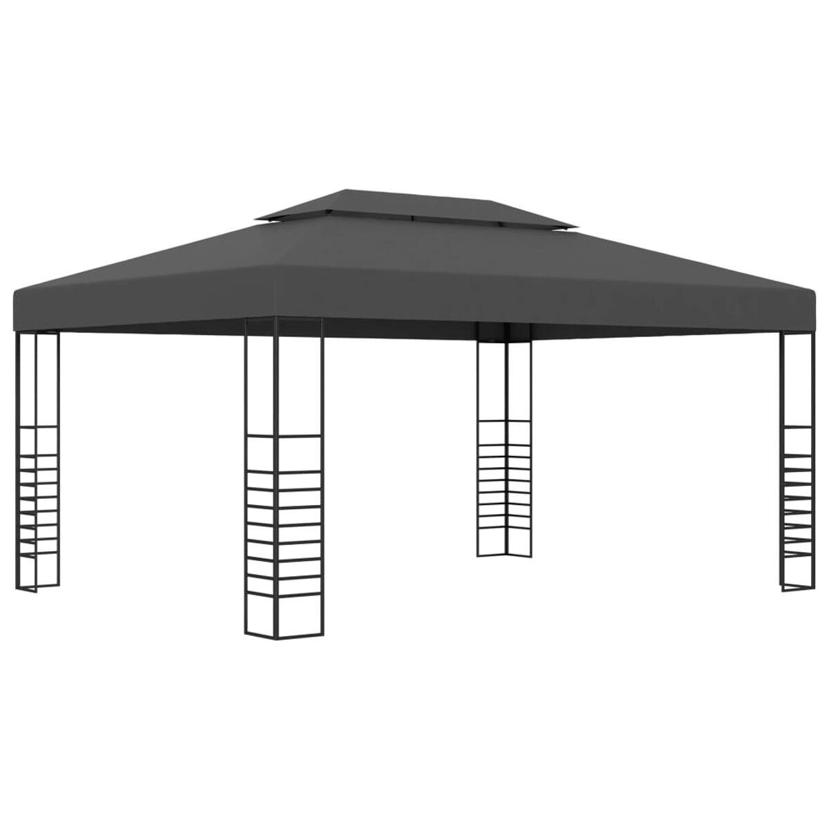 Dunkelgrauer Pavillon mit quadratischem Dach und schwarzen Stützpfeilern.