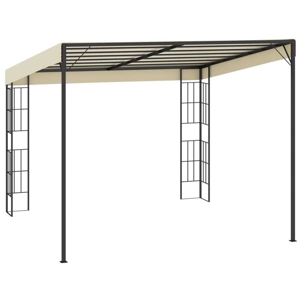 Eine beige Pergola mit Metallrahmen, aus einem Winkel betrachtet.