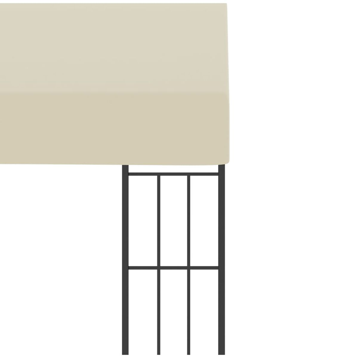 Eine beige Markise mit schwarzem Metallrahmen. Weißer Hintergrund.
