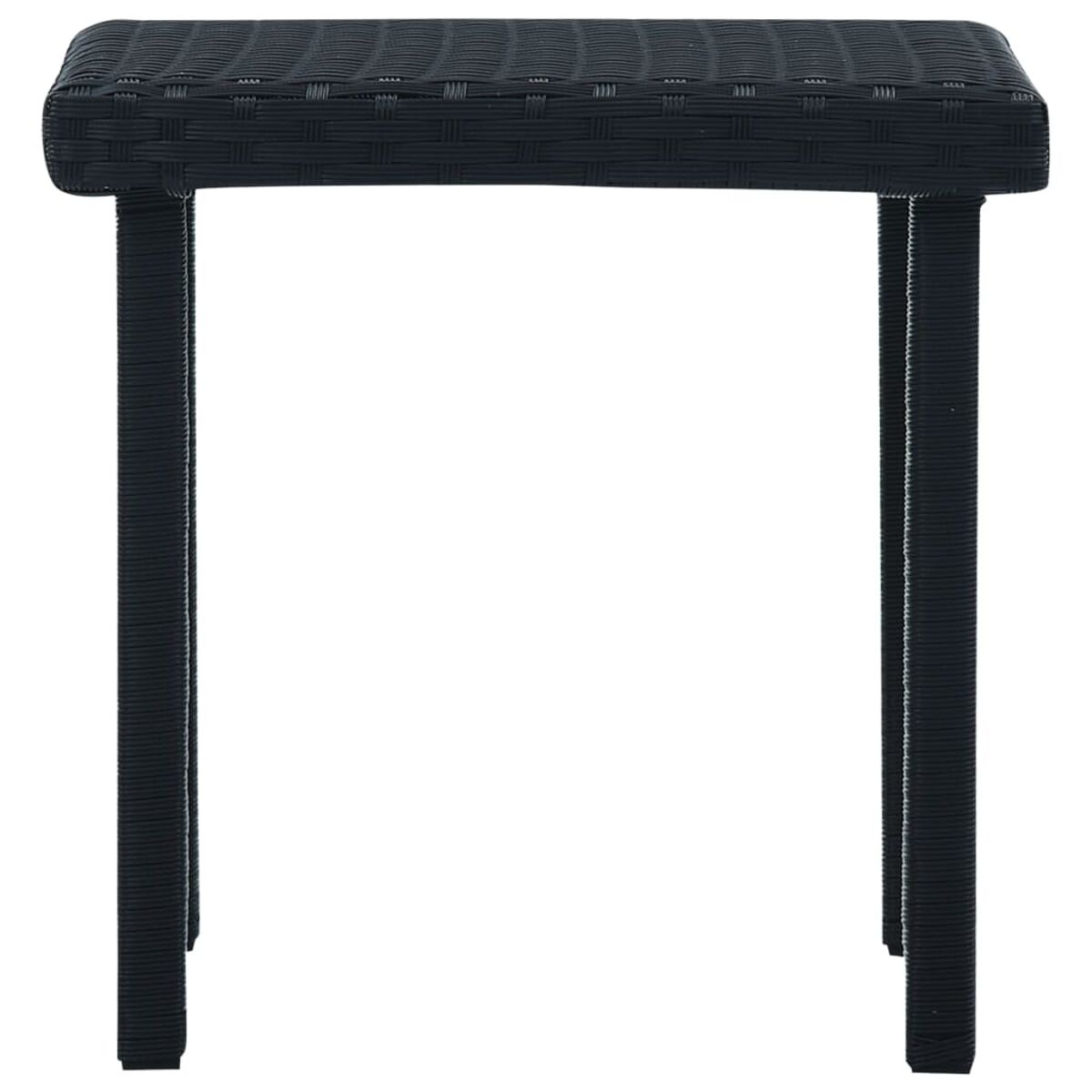 Ein schwarzer quadratischer Hocker mit vier Beinen. Er hat ein gewebtes Muster auf dem Sitz.