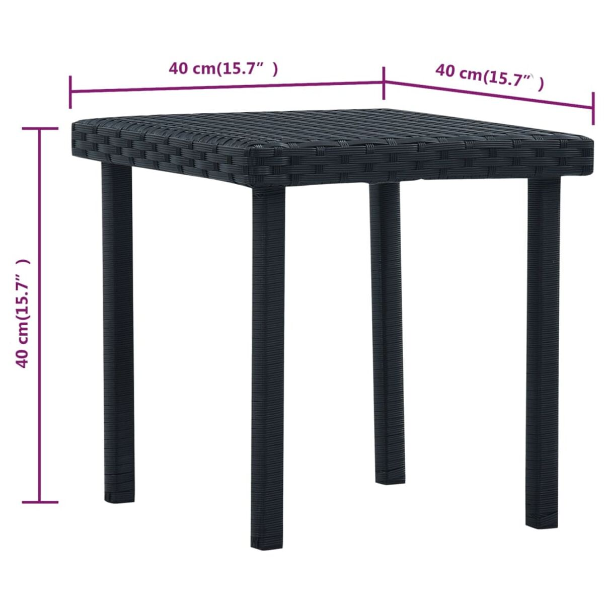 Ein schwarzer quadratischer Beistelltisch aus Korbgeflecht, mit Maßen in cm und Zoll.
