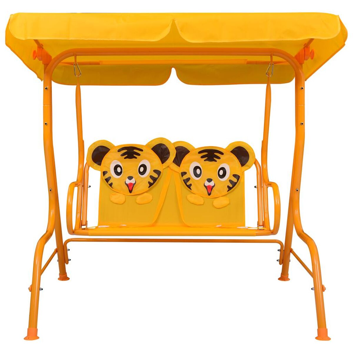 Ein gelbes Kinderschaukelset mit zwei tigergesichtigen Sitzen unter einem gelben Baldachin.