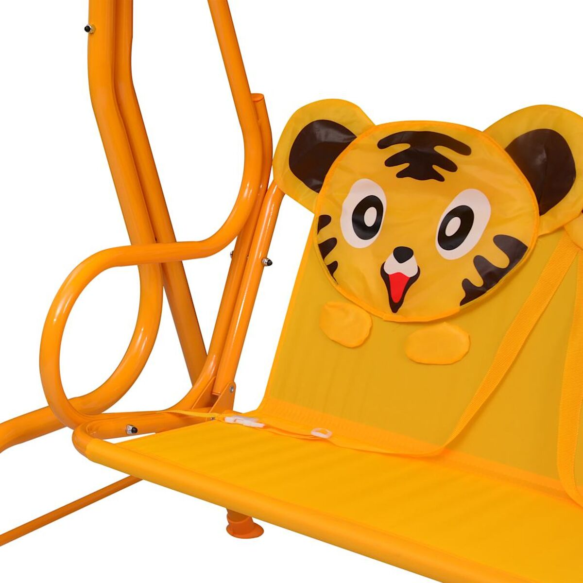 Eine gelbe Schaukel mit Tigergesicht auf dem Rücken. Der Sitz ist gelb.