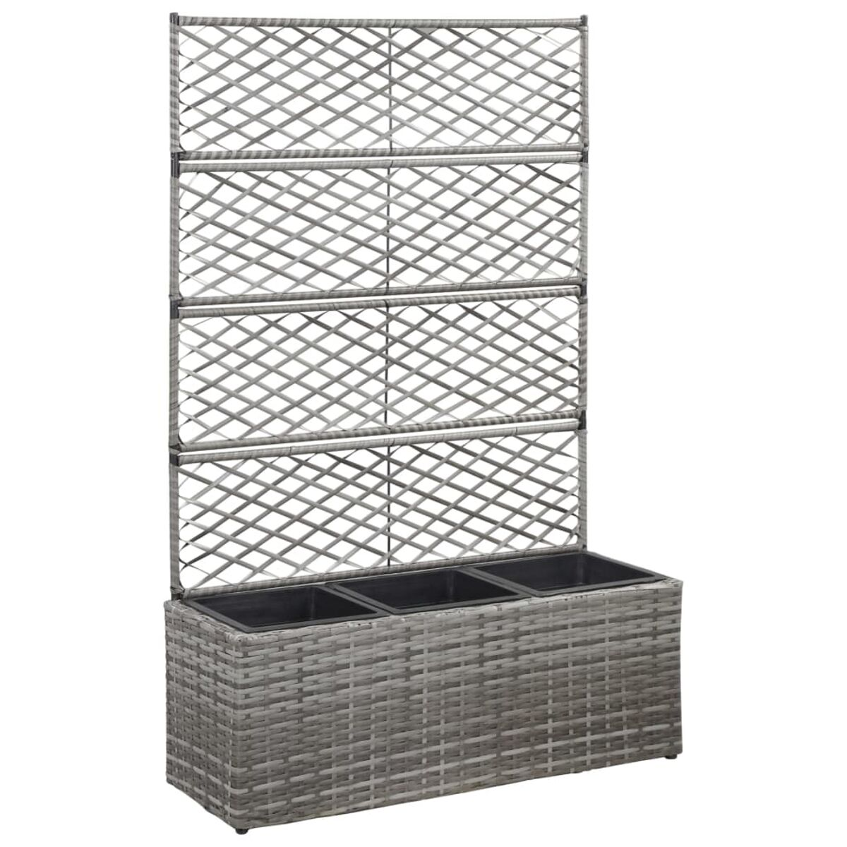 Grauer Rattan-Pflanzer mit drei Pflanzkästen und einem Spalier-Hintergrund, auf Weiß.