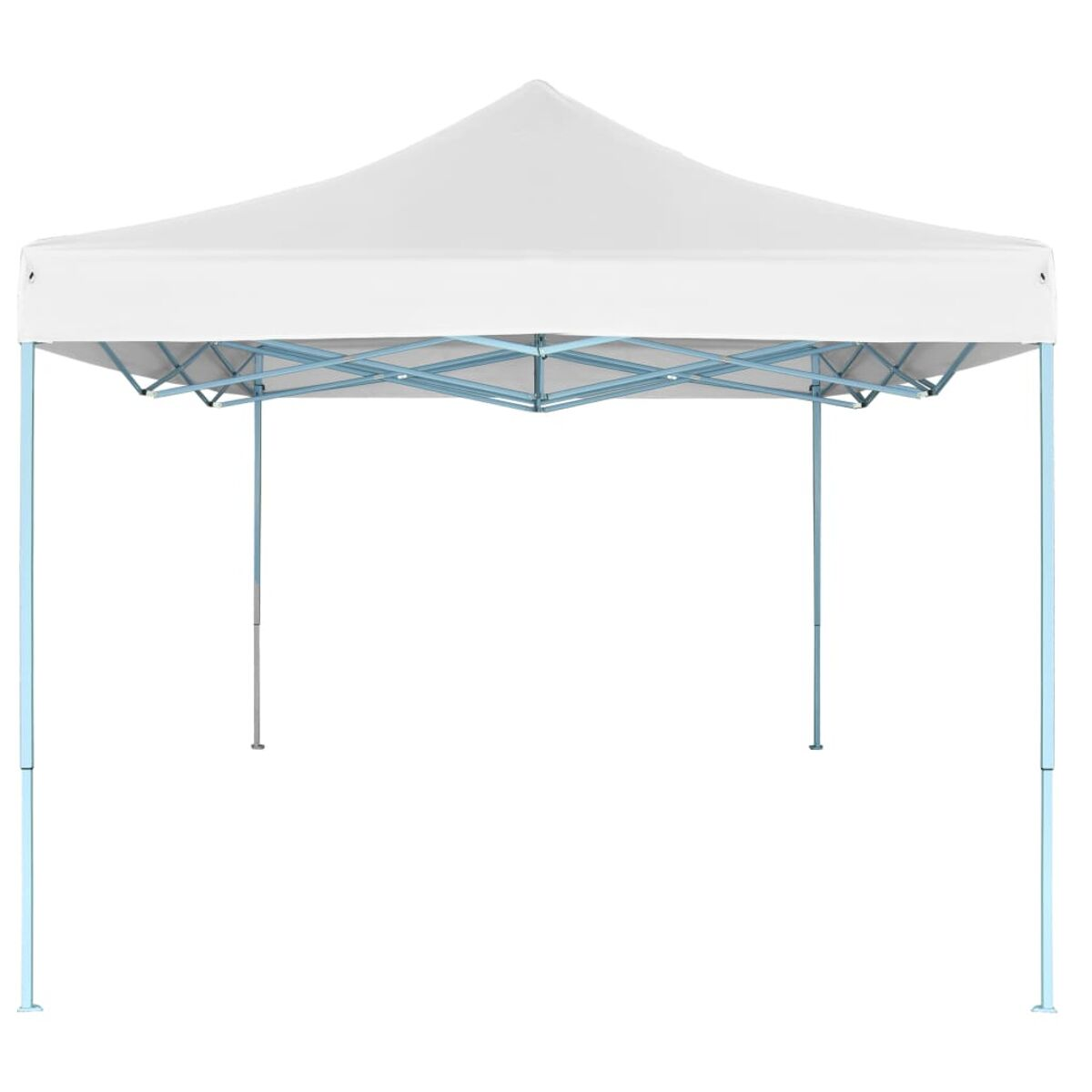 Weißes Pop-up-Zelt mit hellblauem Rahmen. Isoliert auf weißem Hintergrund.