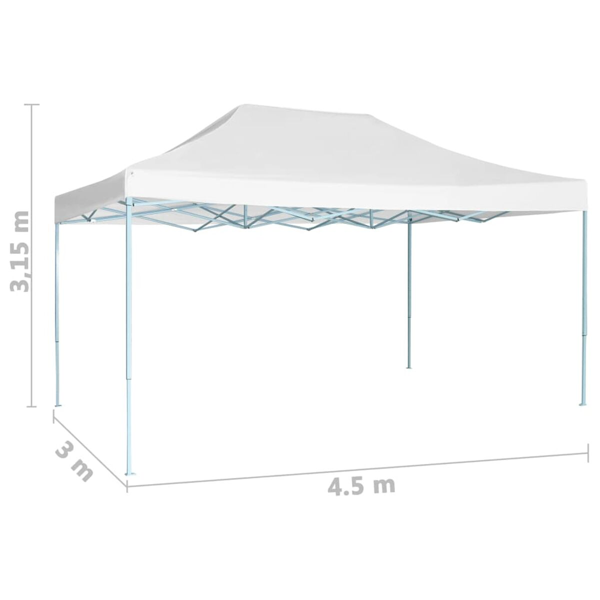 Weißer Pop-up-Pavillon mit Maßen: 3m breit, 4,5m lang und 3,15m hoch.