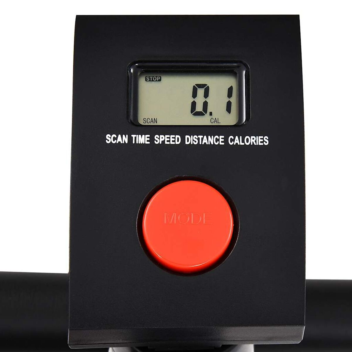 Czarny panel maszyny do ćwiczeń z czerwonym przyciskiem MODE, ekranem LCD wyświetlającym liczby.