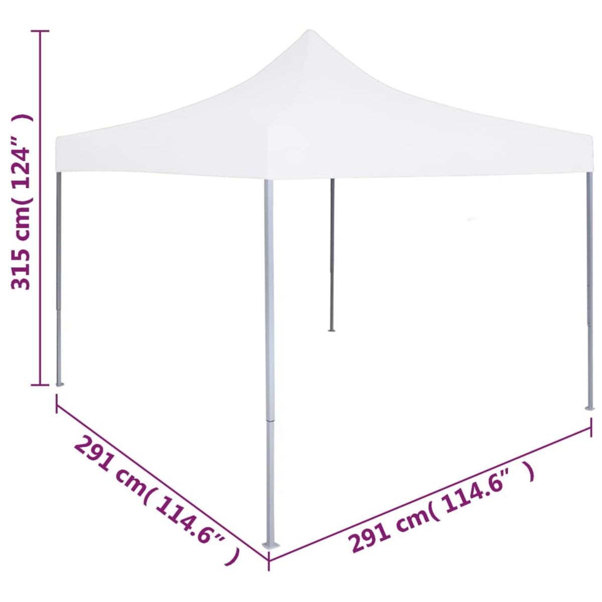 Weißes Außenzelt mit Maßen: 291cmx291cm und 315cm hoch.