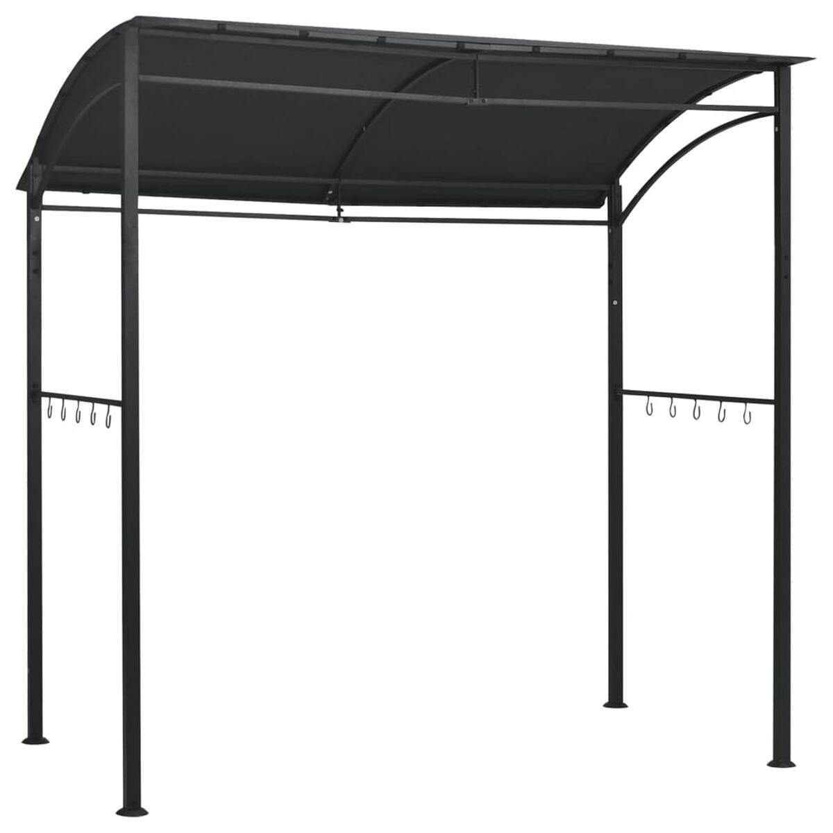 Schwarze Pergola mit geschwungenem Dach und Haken zum Aufhängen.