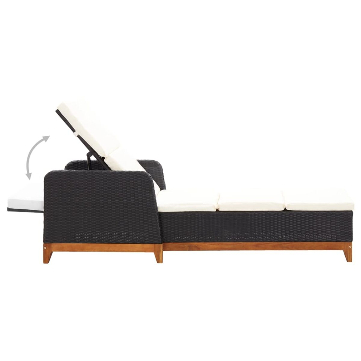 Schwarze Rattan-Sonnenliege mit verstellbarer Rückenlehne und ausziehbarem Beistelltisch.
