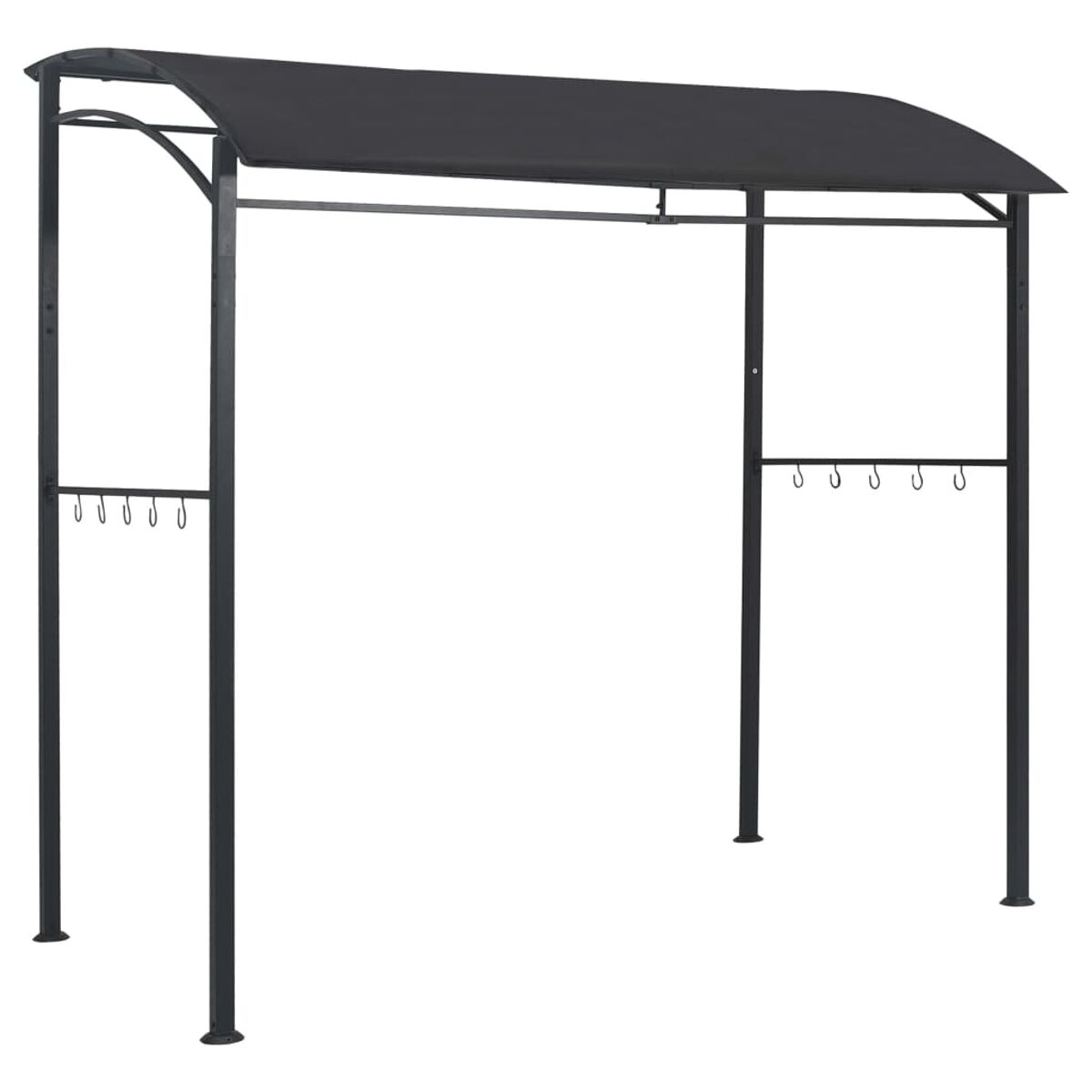 Eine schwarze Metallpergola mit Baldachin, Haken und schlichtem Design, aus mittlerer Entfernung.