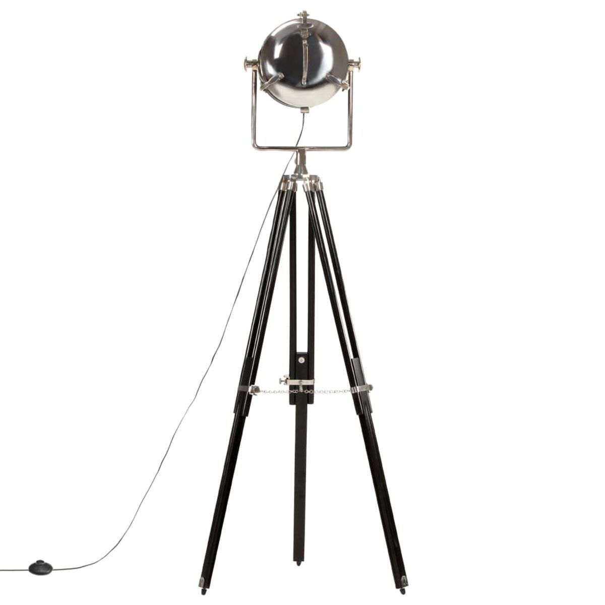 Metall-Stativ-Stehlampe. Silberner Scheinwerfer oben, schwarze Beine. Kabel und Fußschalter sichtbar.