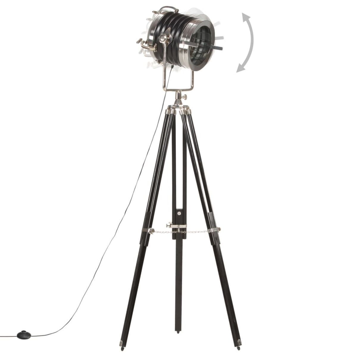 Schwarze und silberne Stativlampe mit verstellbarem Kopf, Pfeil zeigt Bewegung an.